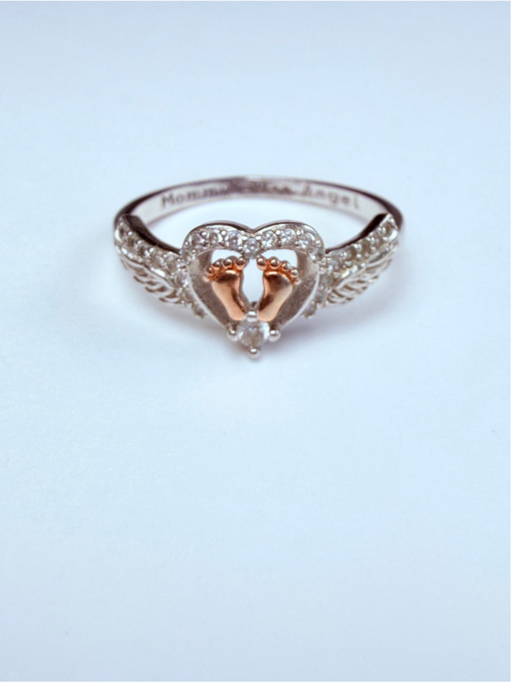 "Mommy Of An Angel" Mother's Heart Footprint 925 Sterling Silver Memorial Ring